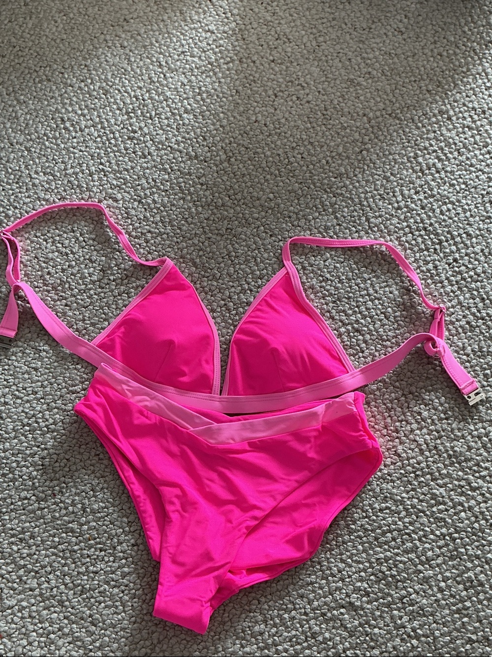 Vibrant Hot Pink Triangle Bikini Set with High-Waist Bottom